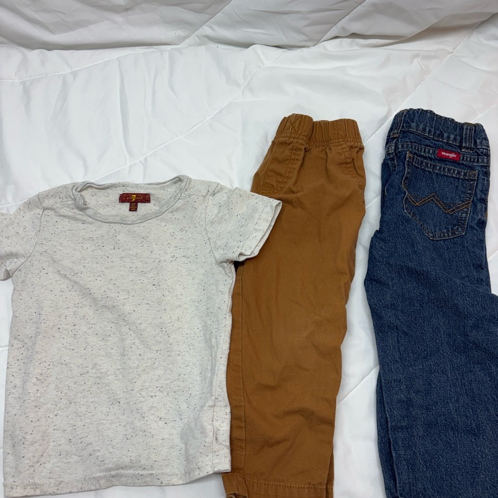 Bundle of 2 pants and 1 short sleeve shirt Wrangler Jeans, Carters Tan pants